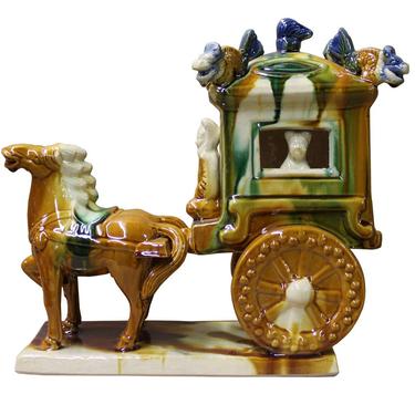 Chinese Tri-Color Ceramic Horse Cart Figure cs2387E 