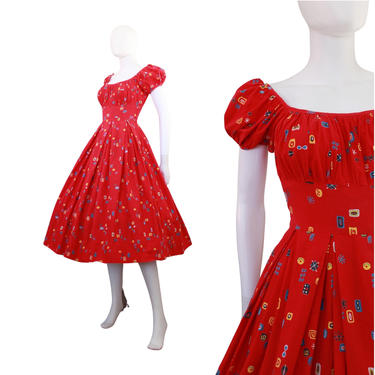 1950s Atomic Novelty Print Fit & Flare Dress - 1950s Fit and Flare Dress - 1950s Atomic Novelty Print Dress - 1950s Red Dress | Size XS 