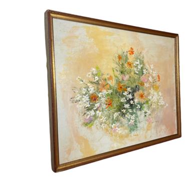 Vintage Mid Century Modern Painting Deco Floral Signed Framed Peach Green Decor Art Bouquet 