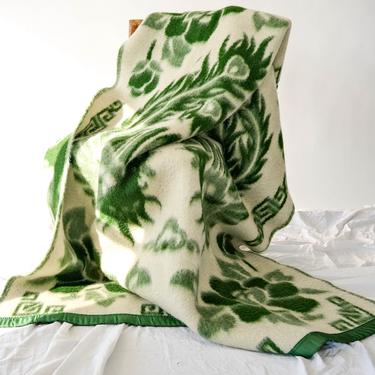 Vintage 70s PEACOCK Green Heavy Woolen Blanket w/ Satin Trim | 100% Wool | Greca, Floral, Bird | 1970s Bohemian Home Decor Throw Blanket 