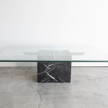 70s Vintage Artedi Beveled Glass and Black Marble Coffee Table, Silver Arms, Made in Italy 