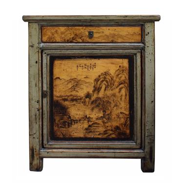 Oriental Ink Scenery Cream Gray Green Side Table Nightstand Cabinet cs3464S