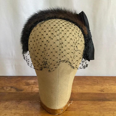 50s fur headband | Vintage mink fur winter headband black netting satin bow wedding headband 