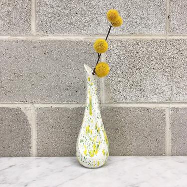 Vintage Vase Retro 1960s Mid Century Modern + Ceramic + Pottery + White + Green and Yellow + Speckled Design + MCM + Home and Table Decor 