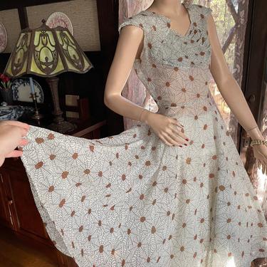 Vintage 1950s Spiderweb Print Seersucker Dress - Size XS 