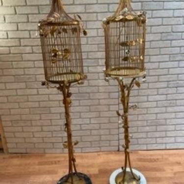 Hollywood Regency Italian Floral Gold Gilded Bird Cage - Pair