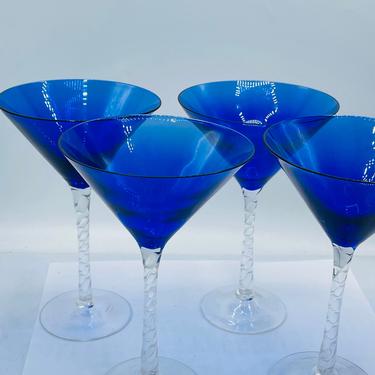 Vintage (4) Cobalt Blue Martini Manhattan Glasses set Clear Spiral Stemmed -Handblown Glass- Nice Condition 