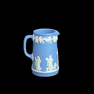 Vintage Wedgwood Small 4.5&quot; Tall Porcelain Jug Pitcher Blue & White Classical Jasperware Jasper Ware w/ Classical Scenes 