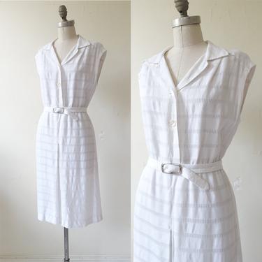 Vintage 40s White Rayon Day Dress with Matching Belt/ 1940s Crisp White Faggoting Sleeveless Summer Dress/ Size Medium 