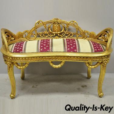 Vintage French Louis XV Style Gold Gilt Wood Kidney Shape Carved Vanity Bench
