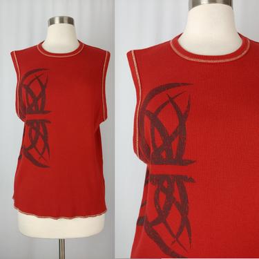 Vintage 2000 Y2K XL Red Ribbed Sleeveless Tank with Tribal Print - Millennium Style Sleeveless Top 