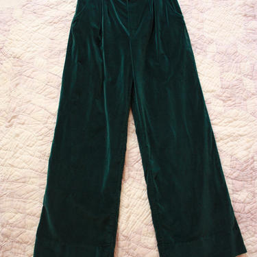 70s Emerald Green Velour Pants Wide Leg Flared Velvet Trousers Size S 