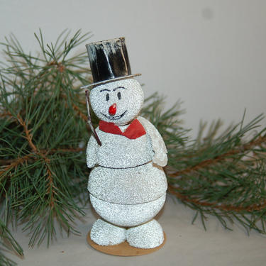 Antique 1920's - 30's German Christmas Bobbling, Jiggling Snowman Candy Container Covered w Venetian Dew (Tiny Reflective Czech Glass Beads) 