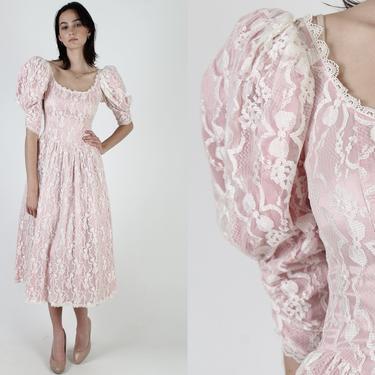 Pink 80s Jessica McClintock Midi Dress / Vintage 80s Puff Sleeve Prom Dress / Romantic Simple Bridal Deco Fairycore Dress 