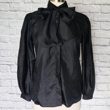 Vintage Black Button-Up Blouse with Necktie 