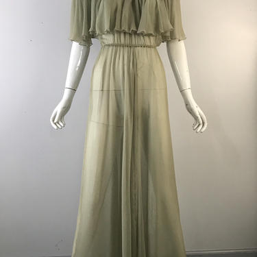 70s SCOTT BARRIE palest green silk chiffon airy off shoulder Studio 54 ruffle GOWN dress 1970s vintage by ritualvintage