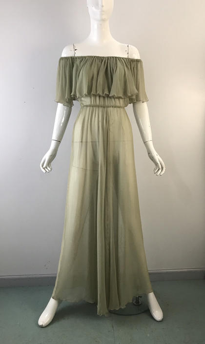 70s SCOTT BARRIE palest green silk chiffon airy off shoulder Studio 54 ruffle GOWN dress 1970s vintage 