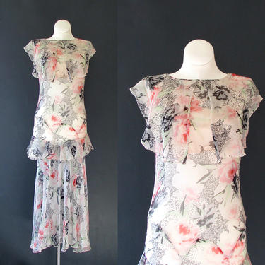 SOFT PEDAL Vintage 20s Dress | 1920s Silk Chiffon Sheer Floral Print Summer Dress | Art Deco, Gatsby Picnic, Flapper, Antique | Size X Small 