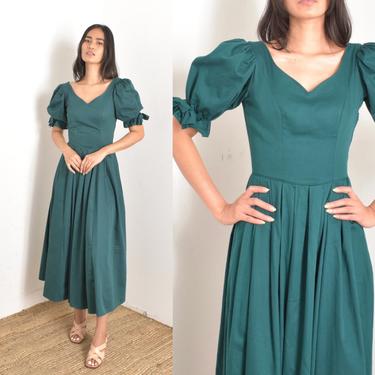 Vintage 1980s Dress / 80s Laura Ashley Puff Sleeve Cotton Dress / Green ( XS extra small ) 