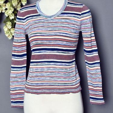 70's Organically Grown Vintage Blue Stripe Space Dye Sweater Blouse Top Pullover, Arpeja, Long Sleeve, Hippie, Boho, Disco Shirt, 1970's 