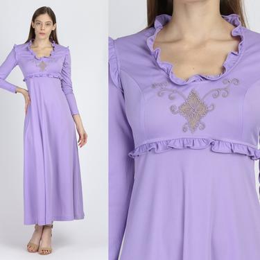70s Boho Lilac Purple Maxi Dress - Extra Small | Vintage Mikey Jrs California Long Sleeve Ruffle Trim Gown 
