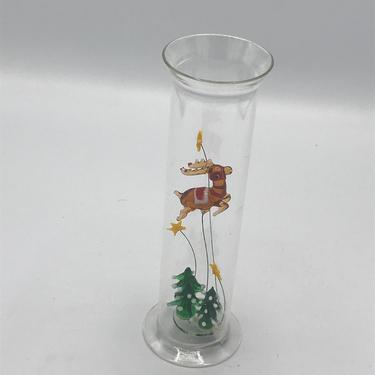 Unique Vintage  Hand Blown Art Glass Miniature Deer Leaping amongst the Stars with Christmas Trees in glass container 