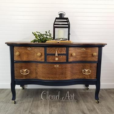 SOLD Antique Tiger Oak and Navy Blue Serpentine Lowboy Dresser/Tv Stand Brass Pulls 