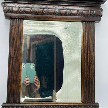Antique Dark Oak Wall Dresser Beveled Mirror Hand Carved Detail 15.5&quot; X 13.5&quot; 