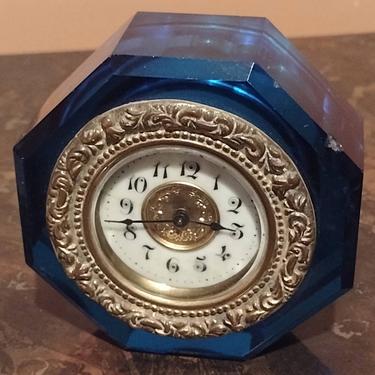 Antique The W&O Co Cobalt Glass and Brass Desk Clock Paperweight 4