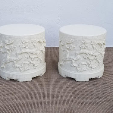 70's Hollywood Regency Cherry Blossom Design Cement Side Tables A Pair . 