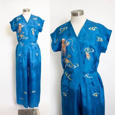 Vintage Jumpsuit 1950s Loungewear Blue Embroidered 50s Small / M 