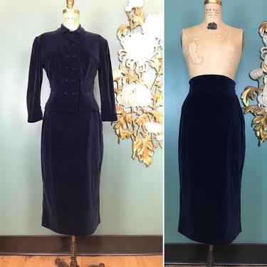 1950s 2 piece suit, navy blue velvet, vintage 50s suit, wasp waist, high waist skirt, double breasted, size small, hourglass suit, 27, power 