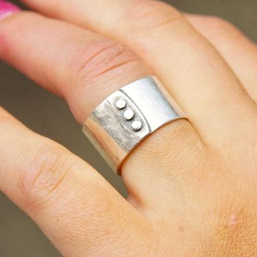 Vintage Modernist Hammered Sterling Silver Dotted Band Ring, Raised Button Design, Oxidized Silver, Wide Sterling Ring, Size 8 1/2 US 