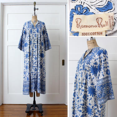 vintage 1970s boho kaftan dress • blue &amp; white designer piece by Ramona Rull • vintage cotton loungewear 