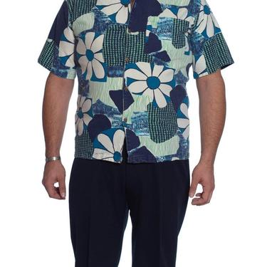 1960S Blue & White Cotton Tropical Mod Men’S Shirt 