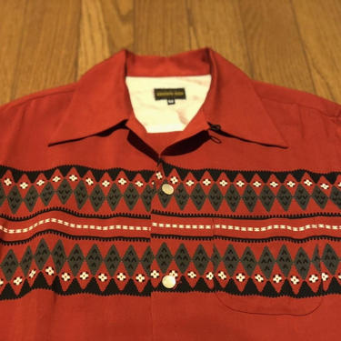GROOVIN HIGH 1950s Style Vintage Rust Red &amp; Black Argyle Diamond Border Print Long Sleeve Rayon Shirt-Size Large 