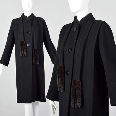 Small 1980s Pauline Trigere Coat Black Wool Winter Outerwear Removable Mink Tail Scarf 