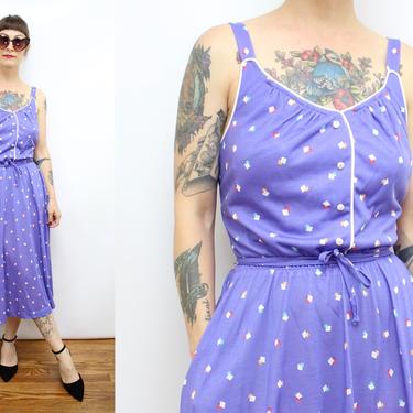 Vintage 80's Purple Confetti Print Sun Dress / 1980's Summer Dress / Pockets / Women's Size Medium Large by Ru