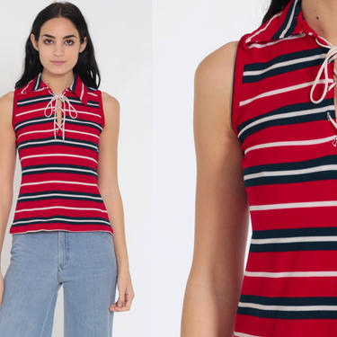 70s Sailor Tank Top Lace Up STRIPED Shirt Retro Top Nautical Shirt Corset Sleeveless Top 1970s Hipster Retro Vintage Blue Red Small 