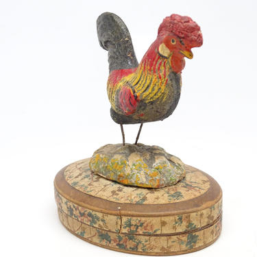 Antique Rooster, Hand Painted Composite on Cardboard Candy Container, Vintage Chicken Box for Easter 