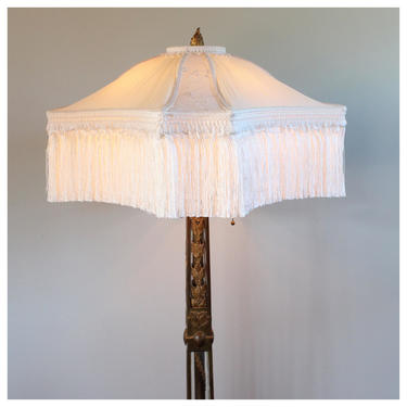 A8331 Antique Neoclassical brass &amp; Glass Floor Lamp with Fringed Shade 