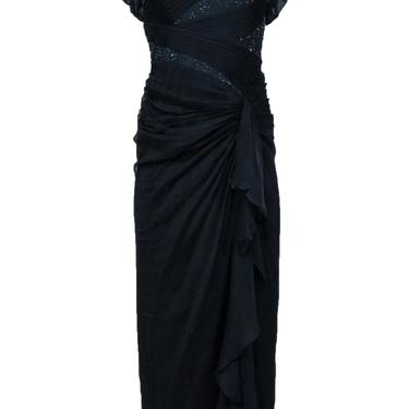 Tadashi Shoji - Navy Pleated & Draped Off-the-Shoulder Gown w/ Beaded & Lace Trim Sz 6