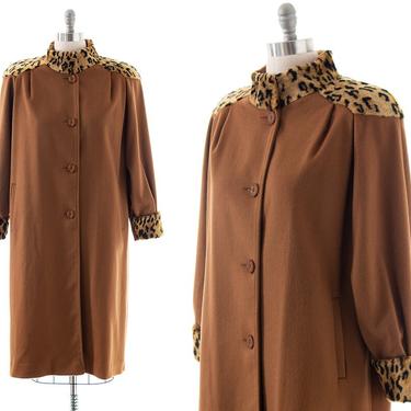 Vintage 1940s Style Coat | 80s 1980s Leopard Animal Print Faux Fur Camel Brown Wool Winter Overcoat (medium/large) 