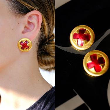 Vintage 80s Anne Klein Signed Gold & Red Enamel X Shaped Earrings | Statement Piece, Pierced Stud Earrings | 1980s Designer 