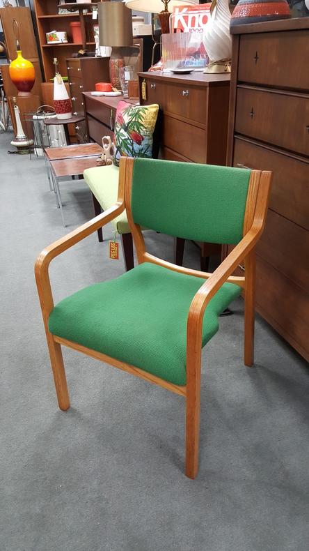 Mid-century bent plywood armchair with green upholstery by Thonet