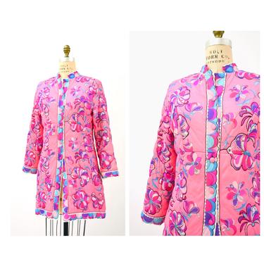 1960s 70s Vintage Quilted Pink Robe Jacket by Emilio Pucci for Formfit Roger Pink Blue Psychedelic Floral Print Robe Quilted Jacket Medium 