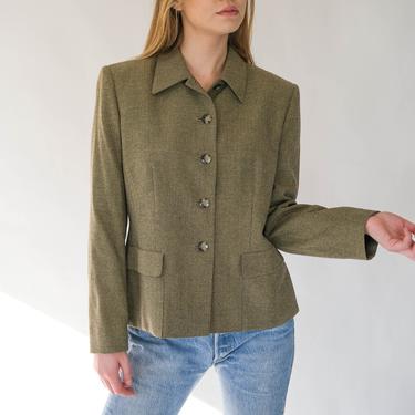 Vintage 90s Mondi Olive Green Herringbone Cropped Collared Blazer w/ Original Tags Attached | Made in Romania | 1990s Designer Wool Jacket 