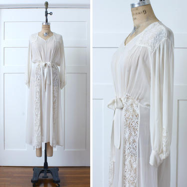 vintage early 1940s white dress • sheer chiffon &amp; lace puff sleeve dress • belted bow front dress 