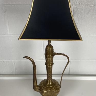 Etched Brass Enameled Lantern Lamp w/ Black and Gold Pagoda Shade