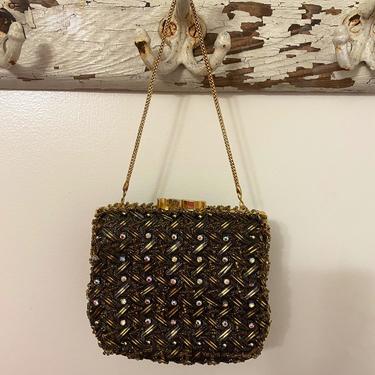 60s WALBORG evening bag | gold beaded and rhinestone cocktail mini purse 